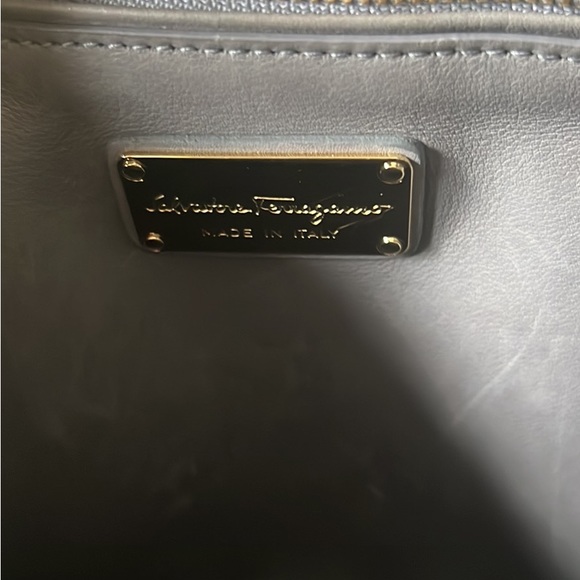 Calf skin grey shoulder bag 19H x 15Wx 7D with cards , bag and duster
